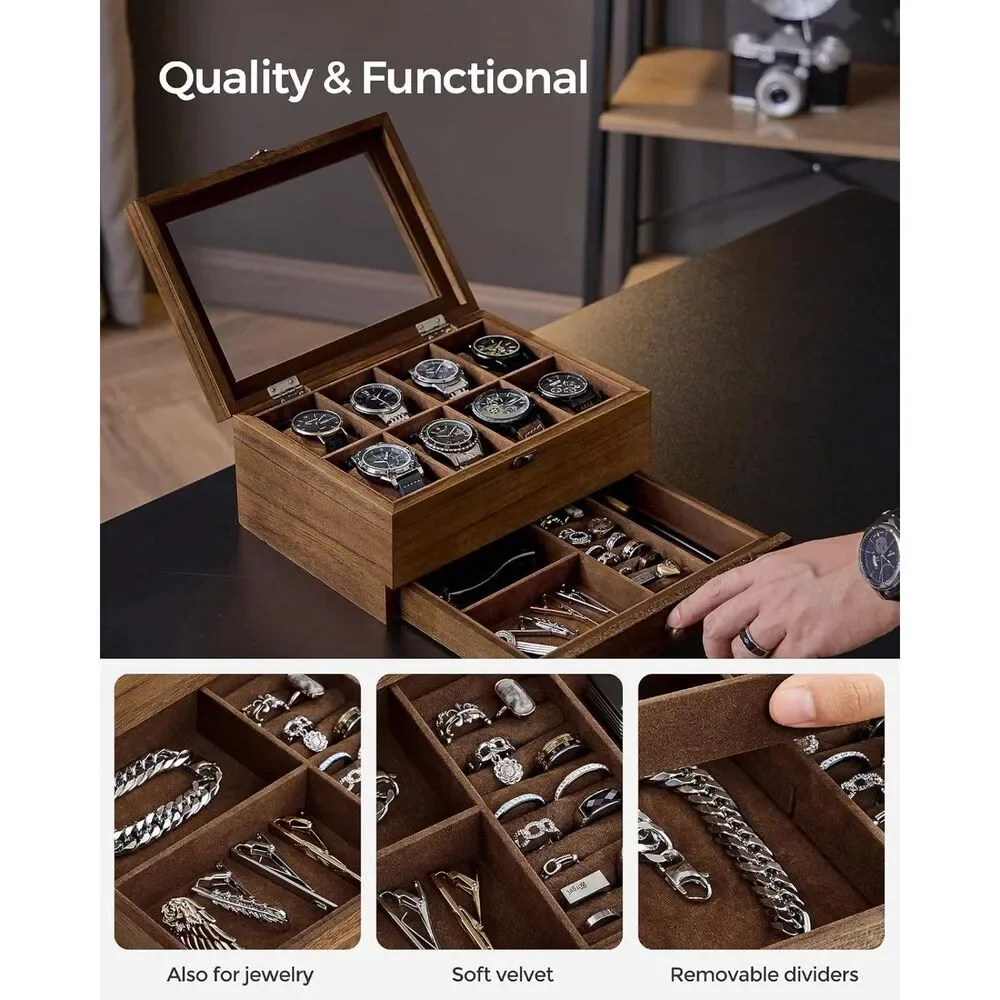 SONGMICS 8-Slot Wooden Watch Box with Valet Drawer - Glass Lid - NEW/Open Box